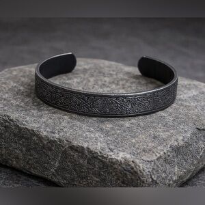 Black Stainless Steel Tree of Life Viking Cuff Bracelet, free wooden box.